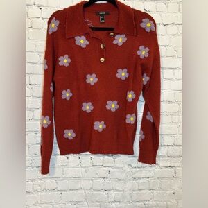 Forever 21 Red Crew Neck Sweater with Floral Pattern